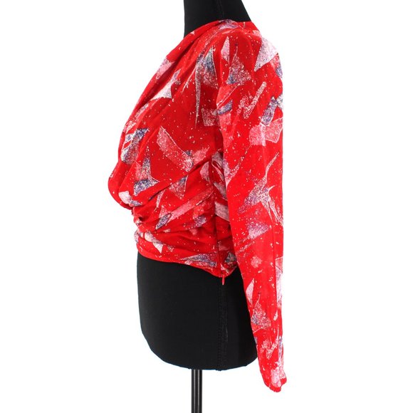IRO Red Geometric Washable Silk Gabota Top V-Neck Long Sleeve Blouse 36 Small - Picture 5 of 10